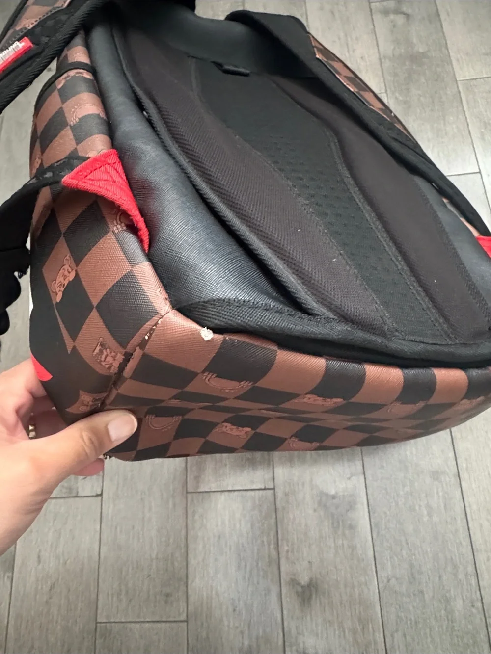 Sprayground Brown Checker Shark-Mouth Backpack with Red & White Accent